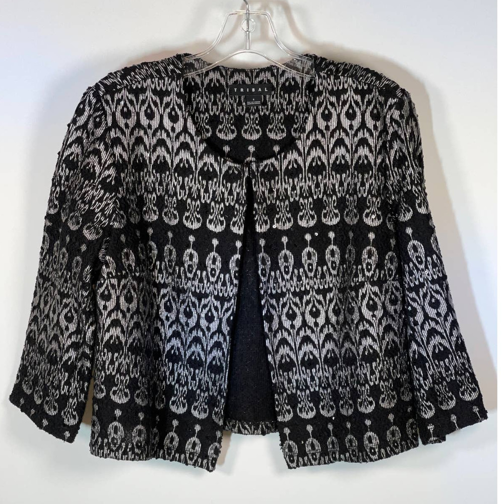 NEW Tribal Unstructured Sweater Blazer Jacket Black Silver Sequin Boho